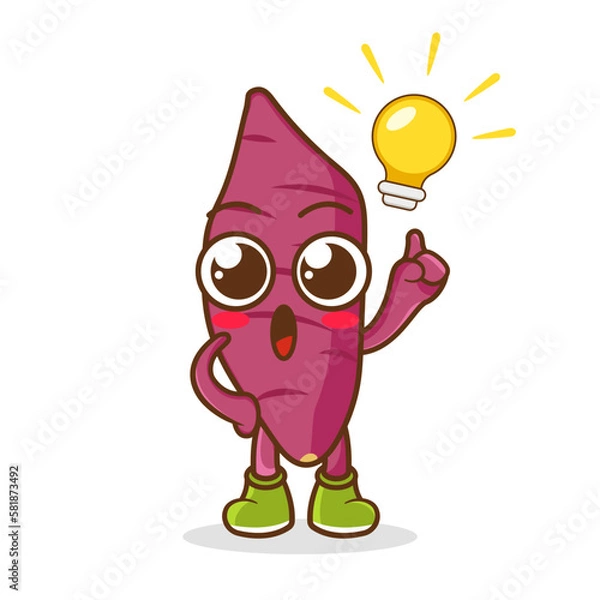 Fototapeta Have an Idea Happy sweet potato Character Cartoon Mascot. Happy sweet potato Pointing Finger Up at The Light Bulb
