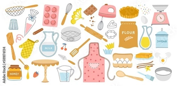 Obraz Cartoon baking elements. Pastry ingredients, tableware and accessories, flour, eggs, butter, sugar and cream, apron, rolling pin, vector set.jpg