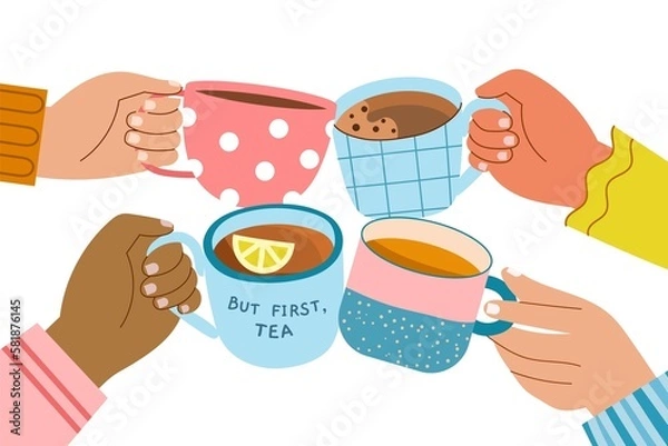 Obraz Clink tea and coffee cups. Cheers drinks in hands, friendly tea party, hot beverages lovers, people group, human arms, vector illustration.jpg