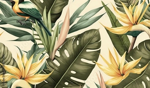 Fototapeta  a bird sitting on top of a yellow flower next to a green leafy plant with yellow flowers and leaves on it's sides.  generative ai