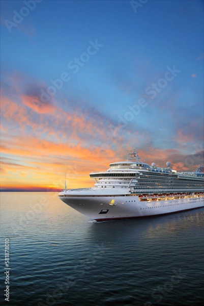 Obraz Luxury cruise ship sailing to port on sunrise 