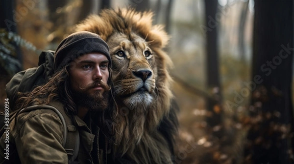 Fototapeta A Man and a lion in a natural environment as best friends. Ai generated illustration