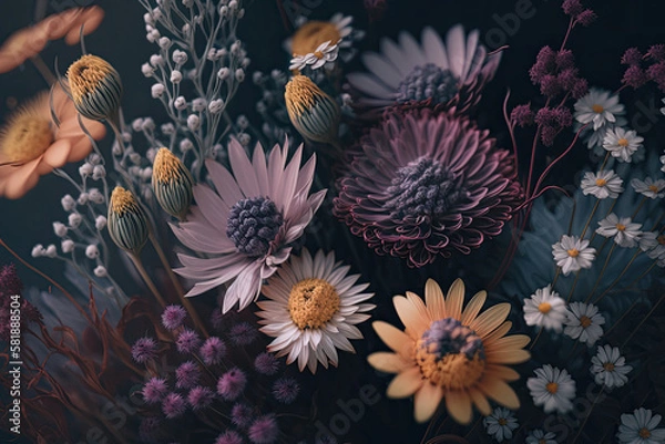 Obraz Floral background. Beautiful spring flowers pattern. Blooming flowers on dark background. Design for greeting card. Created with Generative AI