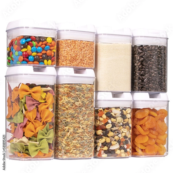 Fototapeta Plastic food containers with dry food isolated on white background