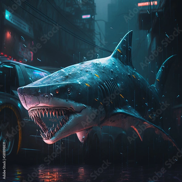 Fototapeta Shark in cyberpunk style in the city.