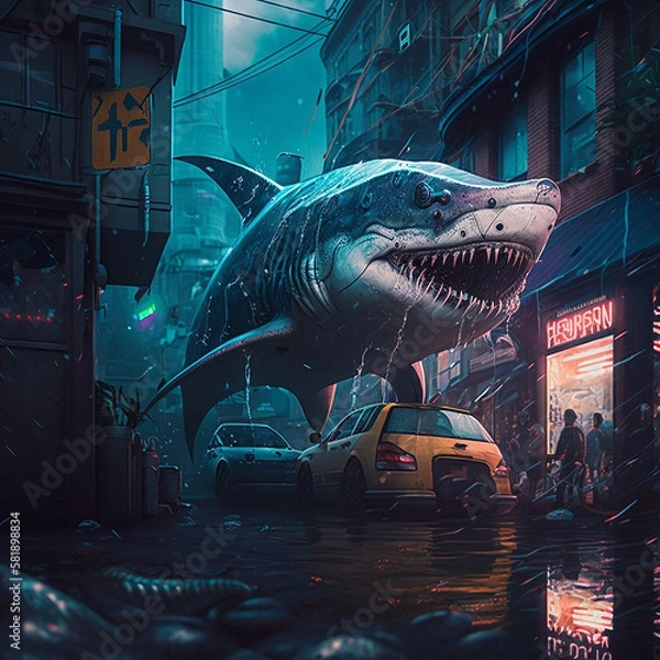 Obraz Shark in cyberpunk style in the city.