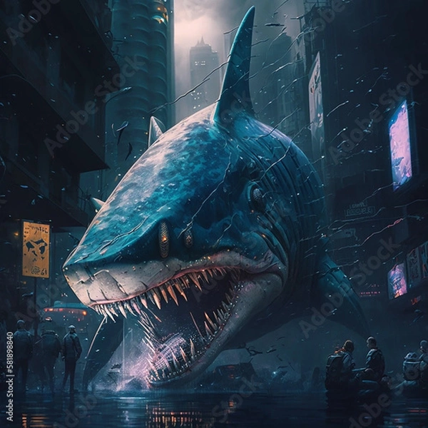 Obraz Shark in cyberpunk style in the city.