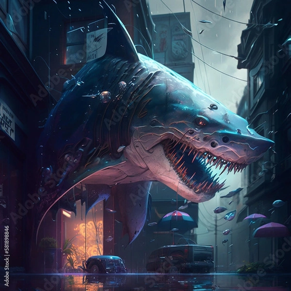 Fototapeta Shark in cyberpunk style in the city.