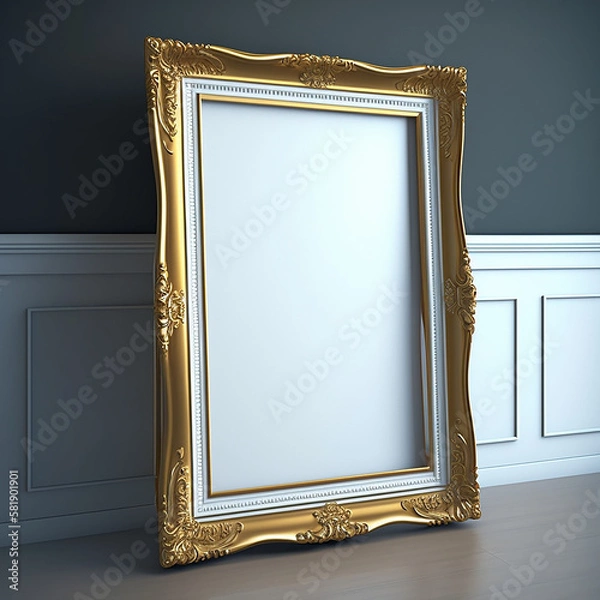 Fototapeta large art frame - picture frame on floor - gold-white frame