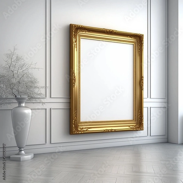 Fototapeta large art frame - empty picture frame on wall - gold frame