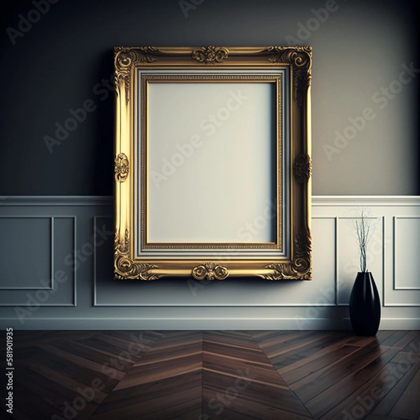 Fototapeta empty large art frame - picture frame on wall - gold frame