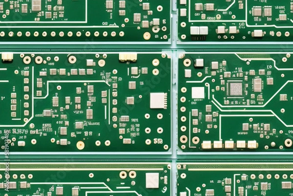 Fototapeta Green seamless texture of electronic components, motherboard. Background, wallpaper, imprint on fabric. Generative AI