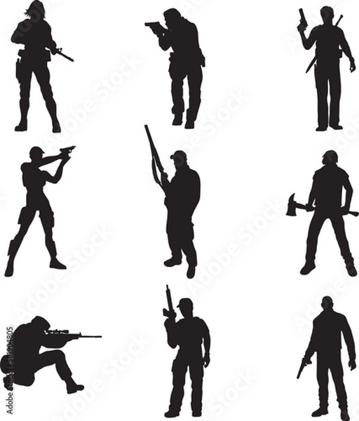 Fototapeta A set of silhouettes of special forces or modern soldiers. Black and white illustration. Different poses, weapons and ammunition