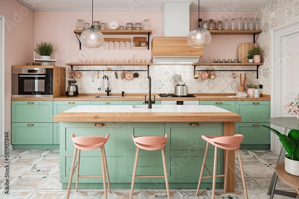 Fototapeta generative ai illustration of a pastel colored kitchen mock up