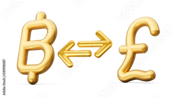 Fototapeta Shiny golden symbol Baht to Pound currency exchange icon with shadow. 3d illustration