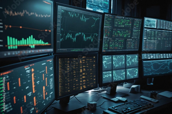 Fototapeta Big control center with business graphs showing key process indicators for finances, stock market and process efficiency, data analysis concept, generative AI