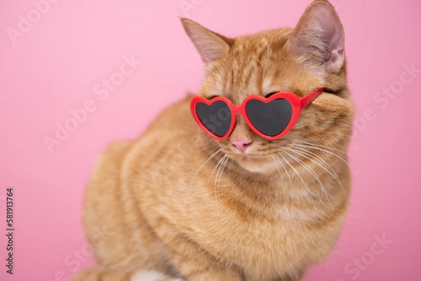 Fototapeta Cute red cat with red heart-shaped sunglasses sits on a pink background. Postcard with cat with space for text. Concept Valentine's Day, wedding, women's day, birthday