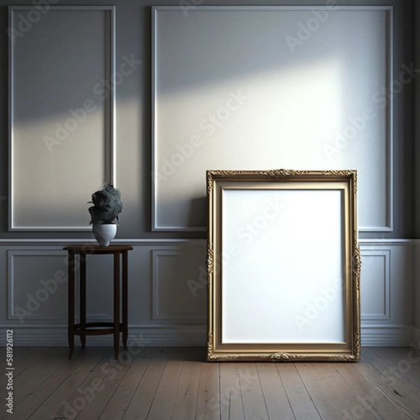 Fototapeta large art frame - picture frame on floor - bronze frame