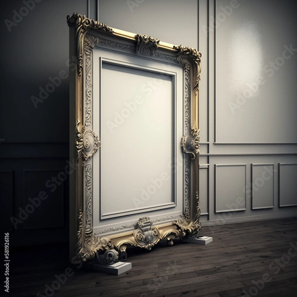 Fototapeta large art frame - picture frame on floor - gold white frame - gallery style