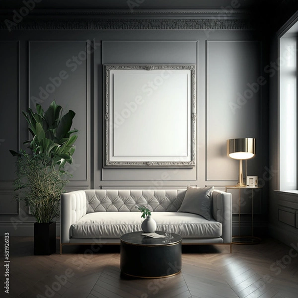 Fototapeta large art frame - picture frame on wall - grey  frame  - living room- furniture