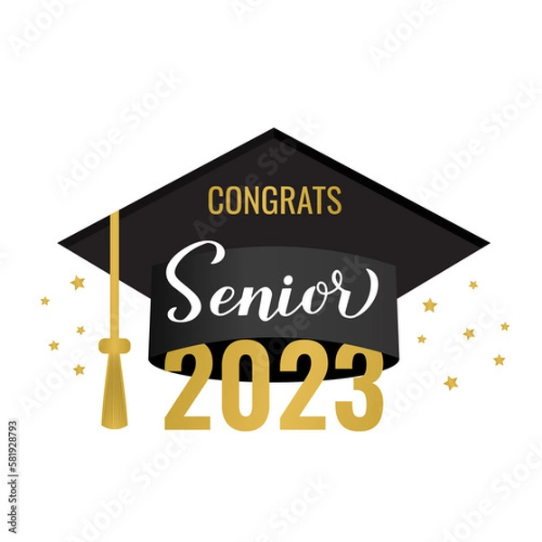 Fototapeta Senior 2023 lettering with graduation cap isolated on white. Congratulations to graduates typography poster.  Vector template for greeting card, banner, sticker, label, shirt, etc.