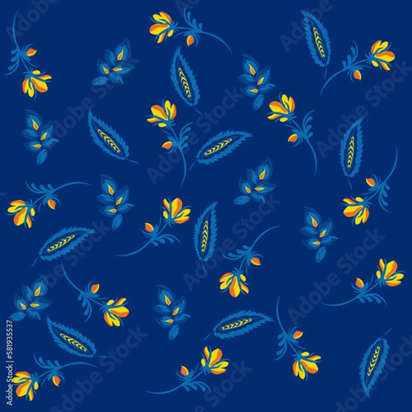Fototapeta Traditional Ukrainian painting of Petrykivka. Elements of blue and yellow floral ornament. Decorative composition for the background. Repeating pattern.