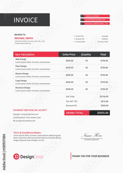 Obraz Modern Minimal Elegant red invoice template vector Flat design 