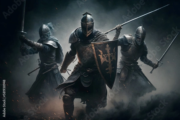 Fototapeta Medieval knights in an epic battle. Generative AI