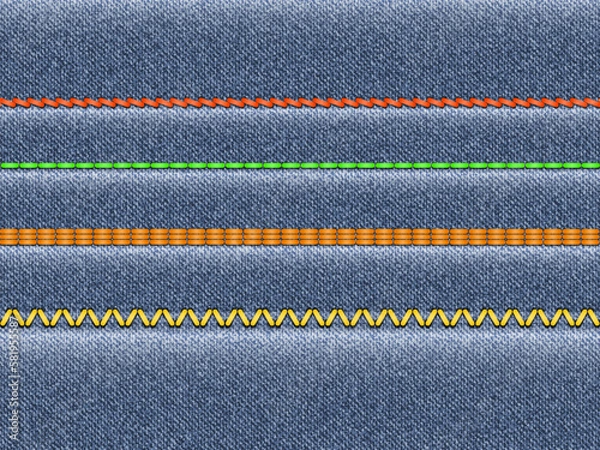 Fototapeta Jeans background with stitches. Denim background with sewing machine stitching, samples types of embroidery. Realistic style.