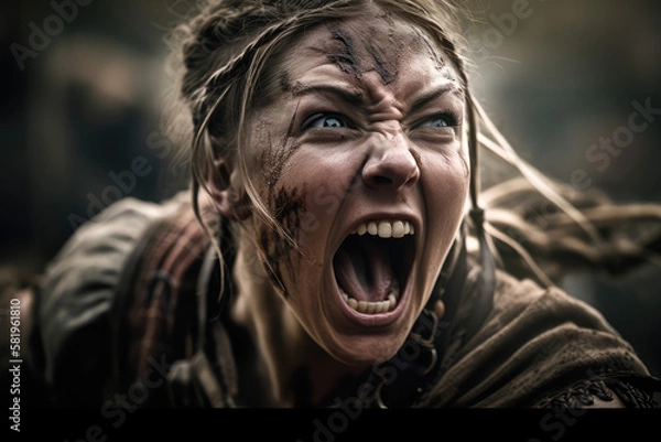 Fototapeta A fictional person, The Fierce Warrior: A Screaming Female Viking in Battle, Generative AI
