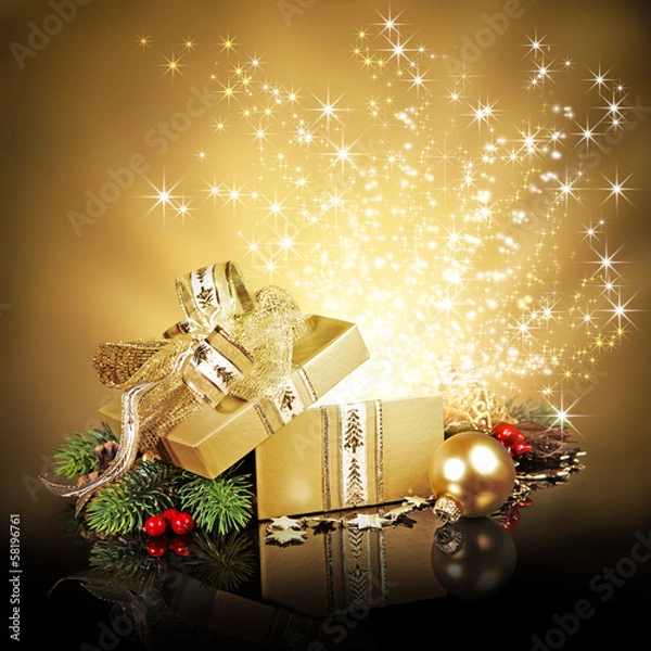 Fototapeta Christmas surprise gift box, exploding with glitters and stars