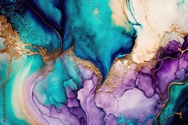 Fototapeta Violet cyan blue liquid watercolor background with golden stains. Teal mauve purple marble alcohol ink drawing effect. Generative AI.