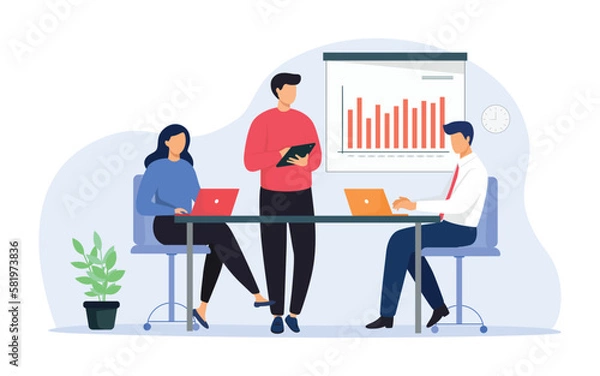 Obraz Business meeting team conference in office room. Flat character on presentation conference illustration,  presenting charts and reports. Employees meeting at business training, seminar or conference.