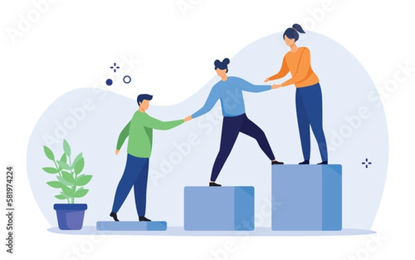 Obraz Teamwork, mentorship and cooperation concept. Employees giving hands and helping colleagues to walk upstairs. Vector illustration.