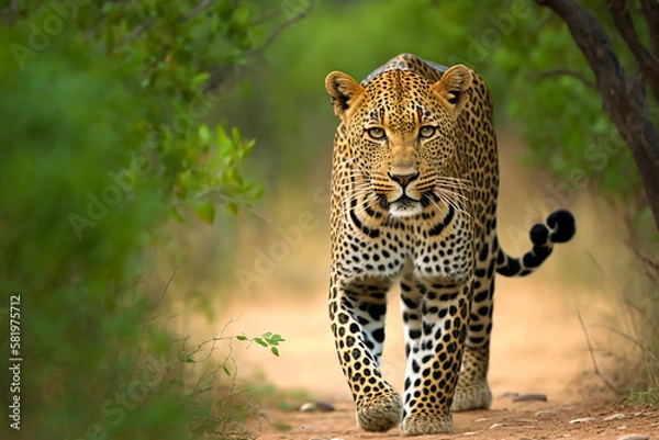 Fototapeta Stunning Leopard coming towards along the road. Generative AI