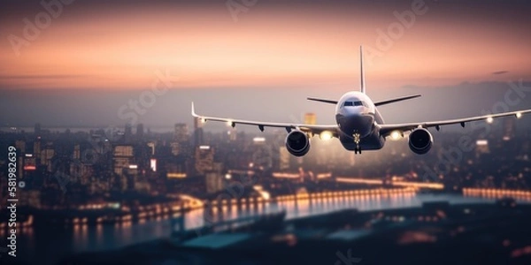 Fototapeta Airplane In Flight At Twilight With Blurred Cityscape. Generative AI