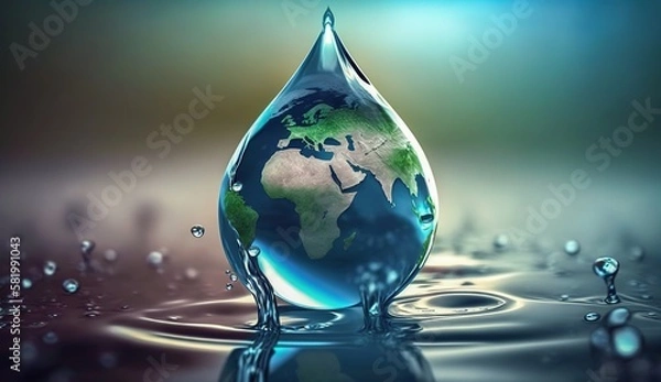 Fototapeta planet earth in the form of a water drop, water day, generative AI