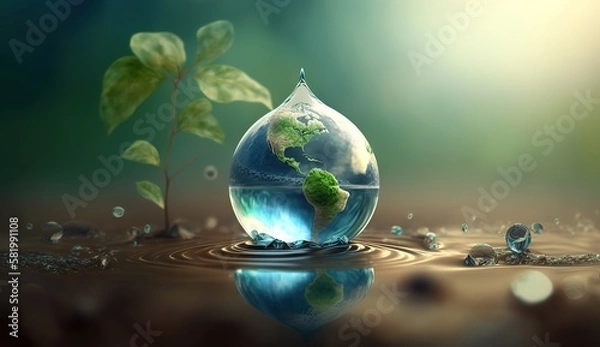 Fototapeta planet earth in the form of a water drop, water day, generative AI