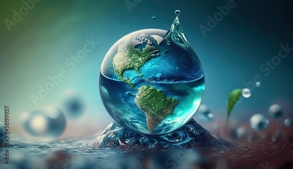 Fototapeta planet earth in the form of a water drop, water day, generative AI