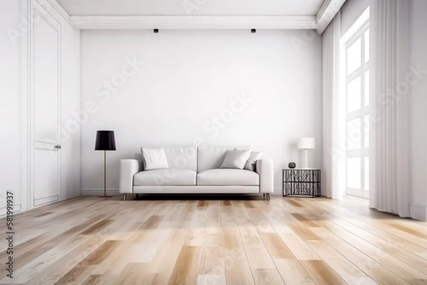 Fototapeta modern bright interior with white walls, sofa and wooden floor, generative AI
