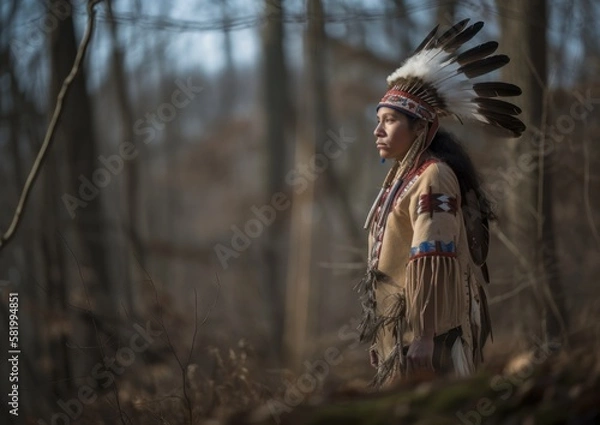 Fototapeta Portrait of Indigenous Native American man in the forest. 
