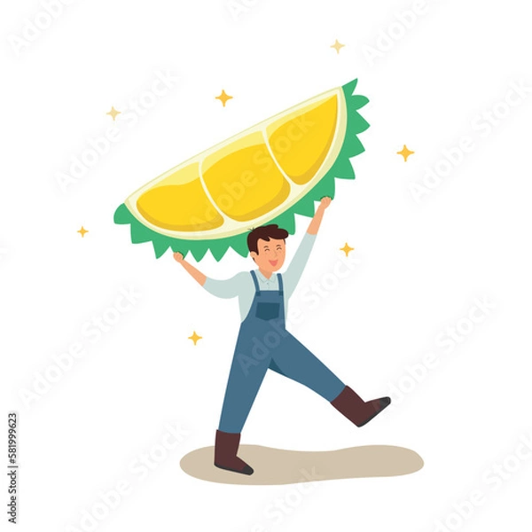 Fototapeta Yong boy holding durian, Farmer presenting durian, Summer tropical fruits for healthy.