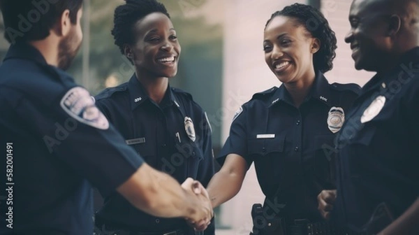 Fototapeta Professional Workplace Men Women: African American Black Police officer Greeting with Confidence Friendliness in Business Setting, Diversity Equity Inclusion DEI Celebration (generative AI