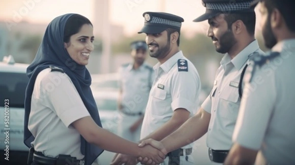 Fototapeta Professional Workplace Men Women: Middle Eastern Police officer Greeting with Confidence Friendliness in Business Setting, Diversity Equity Inclusion DEI Celebration (generative AI