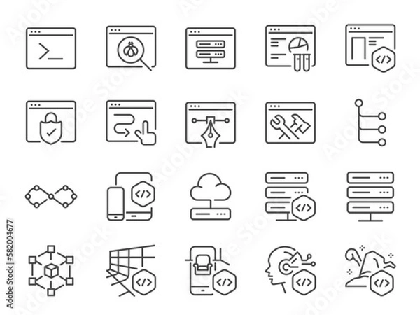 Fototapeta Software development icon set. It included a code editor, coding, mobile app development, front-end dev, and more icons.