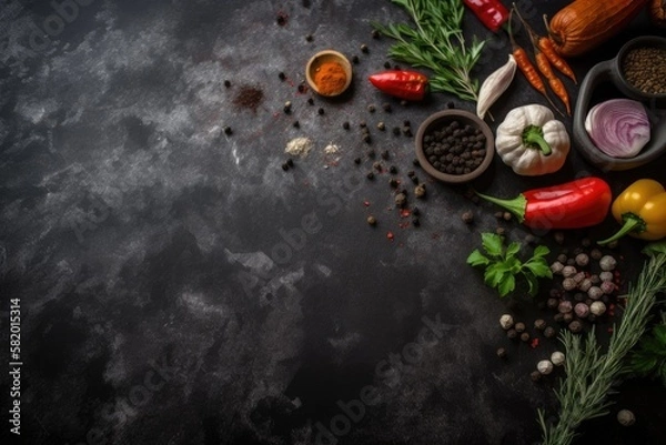 Fototapeta Background of black stone cooking. veggies and spices. looking up. Leave room for your text. Generative AI