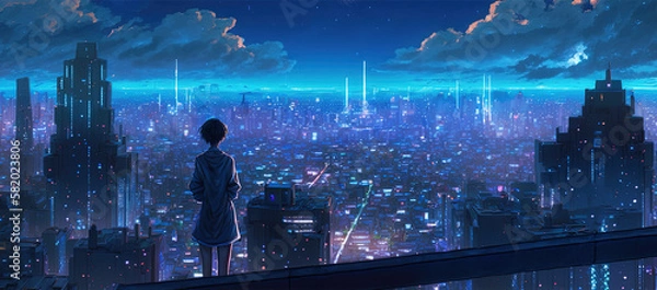 Fototapeta City Night Scenery. Clear Sunny day, Sky with Movie Atmosphere and Wonderful Cloud, Beautiful Colorful Landscape, Anime Comic Style Art. For Poster, Novel, UI, WEB, Game, Design