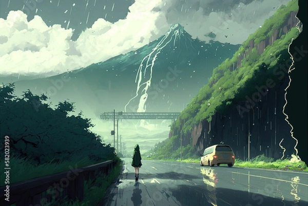 Fototapeta Journey at Road Nature. Clear Sunny day, Sky with Movie Atmosphere and Wonderful Cloud, Beautiful Colorful Landscape, Anime Comic Style Art. For Poster, Novel, UI, WEB, Game, Design