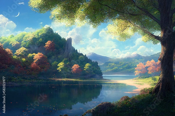 Fototapeta Journey at Wild Nature. Clear Sunny day, Sky with Movie Atmosphere and Wonderful Cloud, Beautiful Colorful Landscape, Anime Comic Style Art. For Poster, Novel, UI, WEB, Game, Design