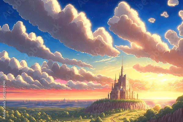 Fototapeta Journey at Fantasy Nature. Clear Sunny day, Sky with Movie Atmosphere and Wonderful Cloud, Beautiful Colorful Landscape, Anime Comic Style Art. For Poster, Novel, UI, WEB, Game, Design